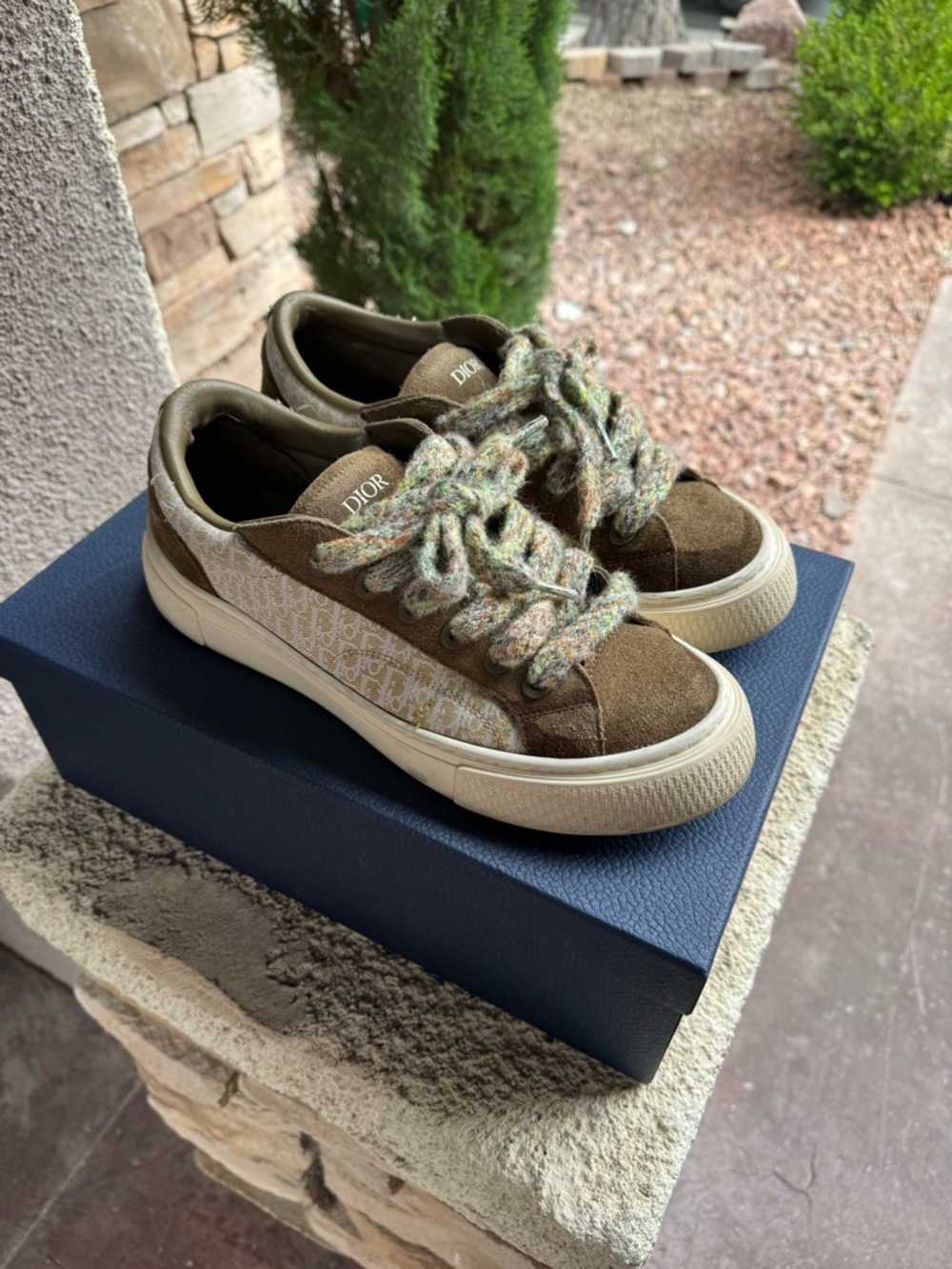 Dior Brown Suede & Monogram Low-Top Sneakers with Multicolor Laces